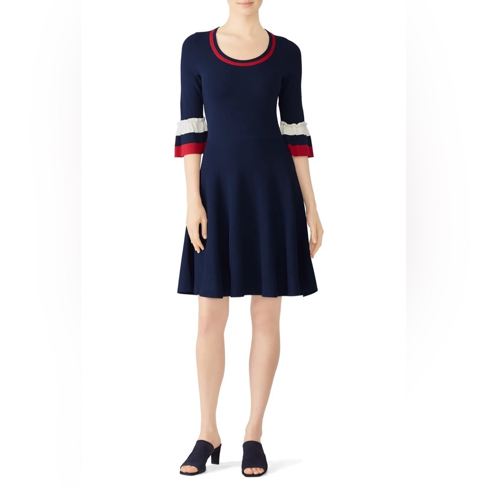 Draper James Sz L Navy Blue Stripe Bell Sleeves Sweater Dress Patriotic Feminine